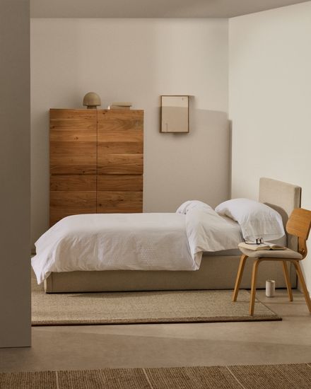 Кровать Nahiri бежевого цвета из шенилла с ящиком для хранения 90 x 200 см