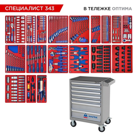 МАСТАК (52-07343G) Набор инструментов 343 предмета, "СПЕЦИАЛИСТ 343", в серой тележке