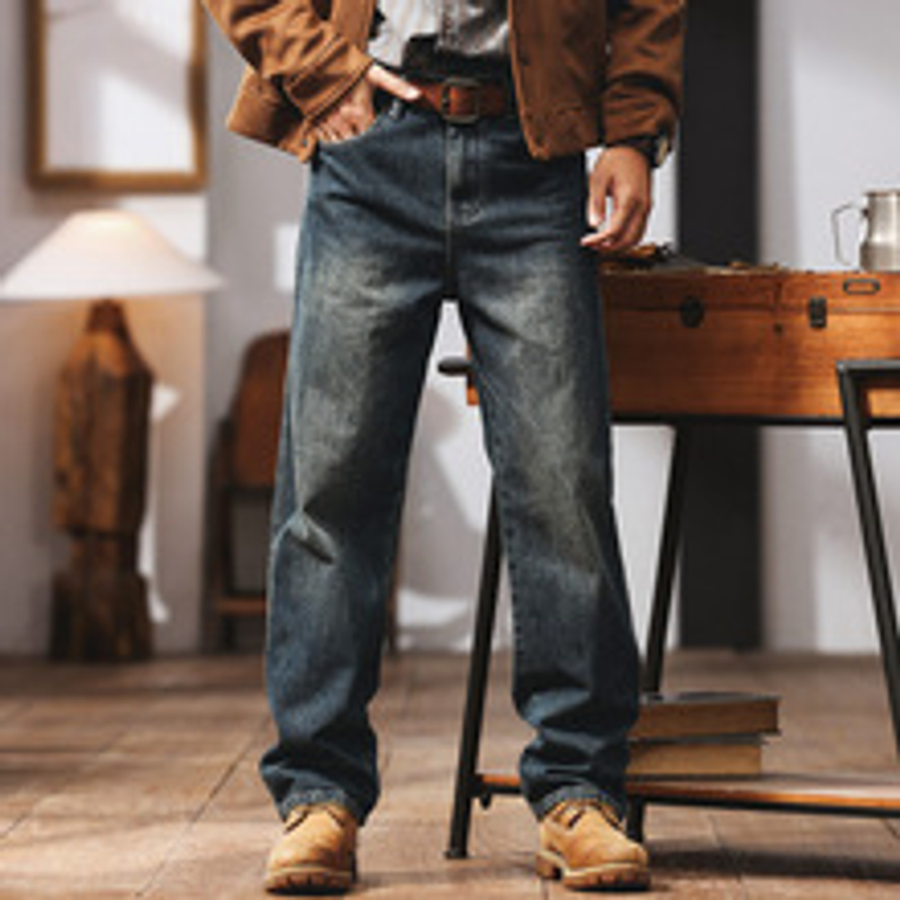 Ge Blue Deer американские ретро джинсовые брюки мужские осенние и зимние бархатные приливы свободные прямые повседневные длинные брюки