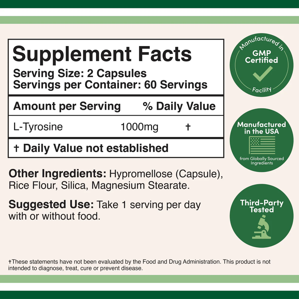 Double Wood Supplements - L-Tyrosine - 120 x 500 mg capsules