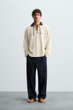 ZARA ТОЛСТОВКА С РЕЛЬЕФНЫМ УЗОРОМ И ШНУРКОМ, ЭКРЮ