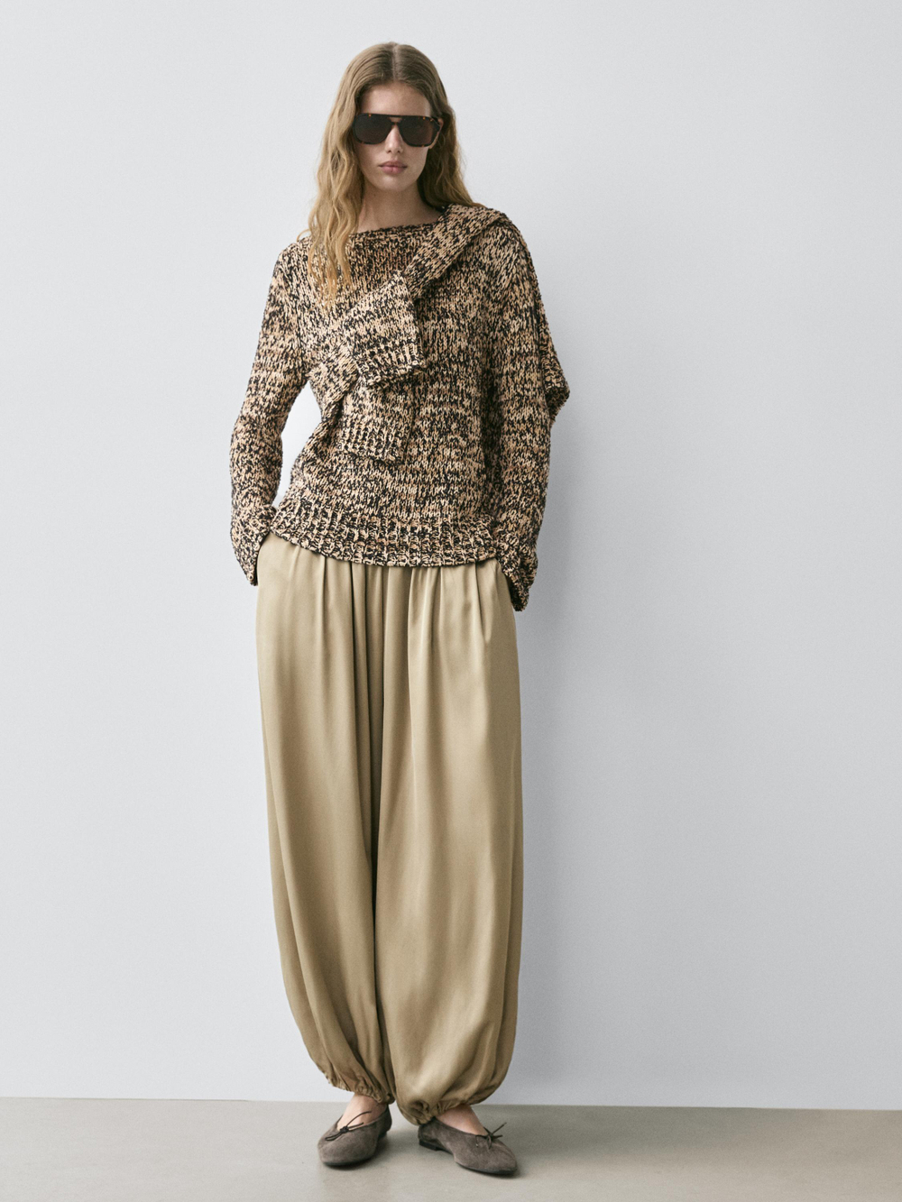 Massimo Dutti Атласные брюки-баллон, бежевый