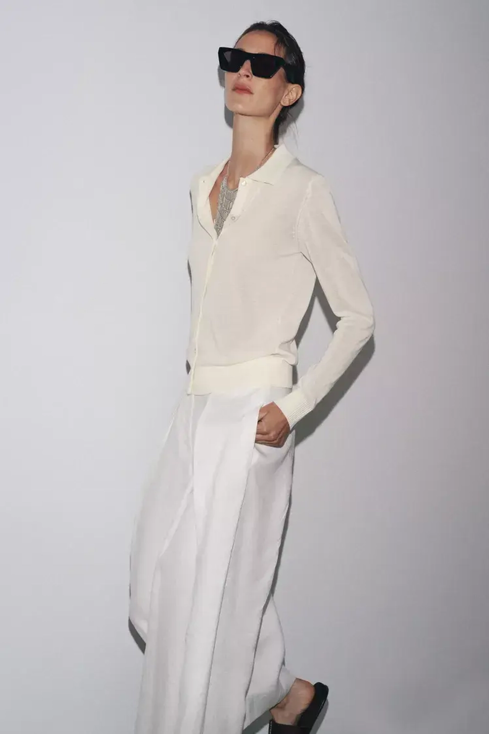 ZARA ОДНОТОННОЕ ТРИКОТАЖНОЕ ПОЛО, ЭКРЮ