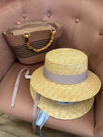 Канотье пшеница с лентой в горох Пудра