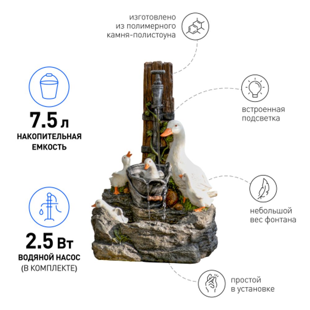 Садовый фонтан GREEN APPLE GANF-07 декоративный уличный с подсветкой Гуси 59 см