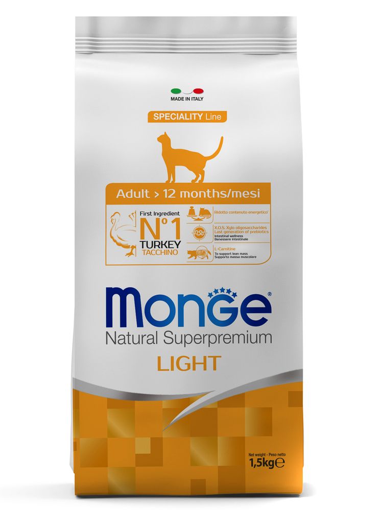 Cухой корм Monge Cat Speciality Line Light для кошек, низкокалорийный, из индейки 1,5 кг