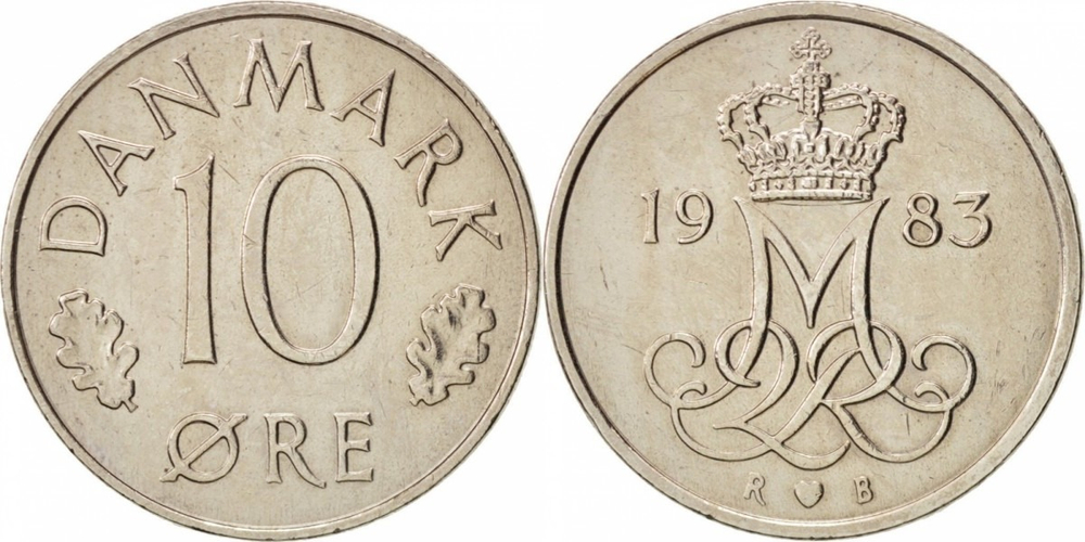 Дания 10 эре, 1973-1988 Королева Маргрете II (1973 - 1989) XF