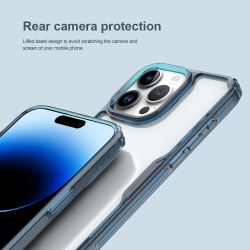 Прозрачный чехол с усиленными боковыми рамками синего цвета от Nillkin для iPhone 15 Pro, серия Nature TPU Pro Case