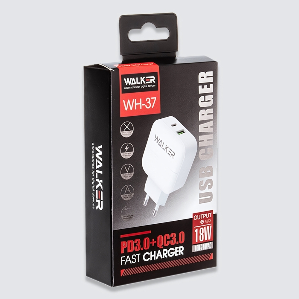 Зарядное устройство WALKER WH-37, 3.4А, 18Вт, USBx1/Type-Cx1, быстрая зарядка QC 3.0+PD черный