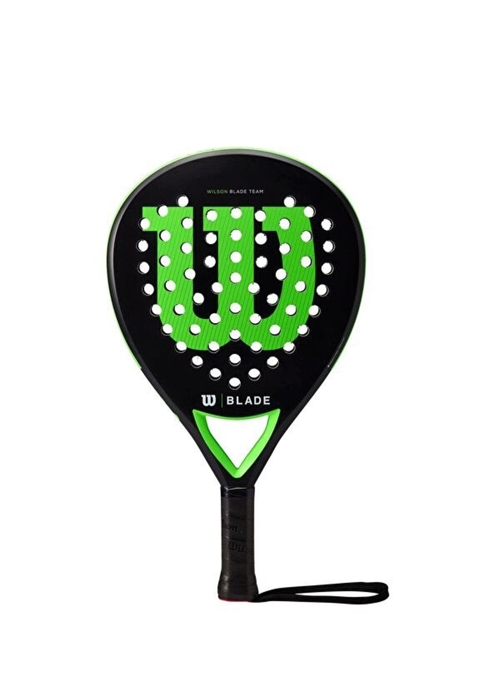 Ракетка для падел-тенниса Wilson Blade Team V2 черного цвета с неоново-зелеными акцентами, каплевидная форма на нейтральном фоне.