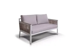 "Сан Ремо" диван 2-местный плетеный из роупа, каркас алюминий белый, роуп бежевый, ткань бежевая