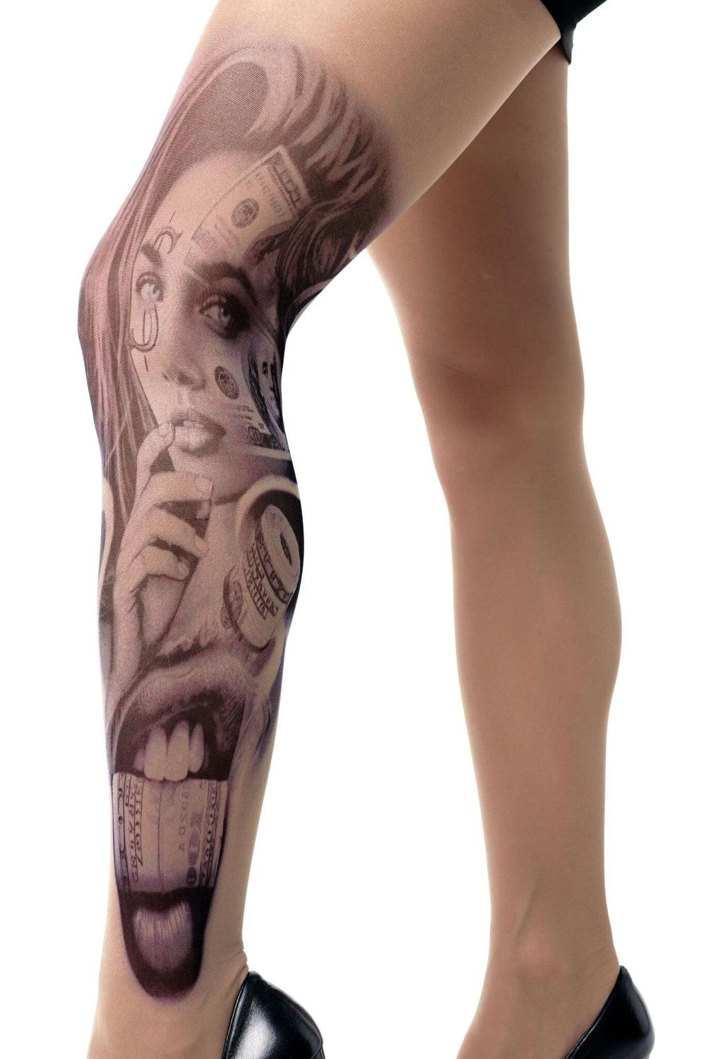 Колготки с принтом-тату в виде девушки с купюрами (Размер: S-M-L) (Цвет: бежевый)