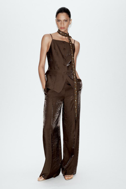 ZARA БРЮКИ ПРЯМОГО КРОЯ С БЛЕСКОМ, КОРИЧНЕВЫЙ