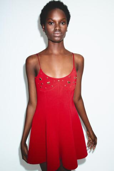 ZARA ЭЛАСТИЧНОЕ ПЛАТЬЕ С СЕРДЕЧКАМИ, КРАСНЫЙ