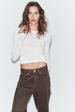 ZARA ДЖИНСЫ TRF MOM FIT С ВЫСОКОЙ ПОСАДКОЙ, КОРИЧНЕВЫЙ