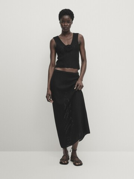 Massimo Dutti Трикотажный топ с цветком, черный