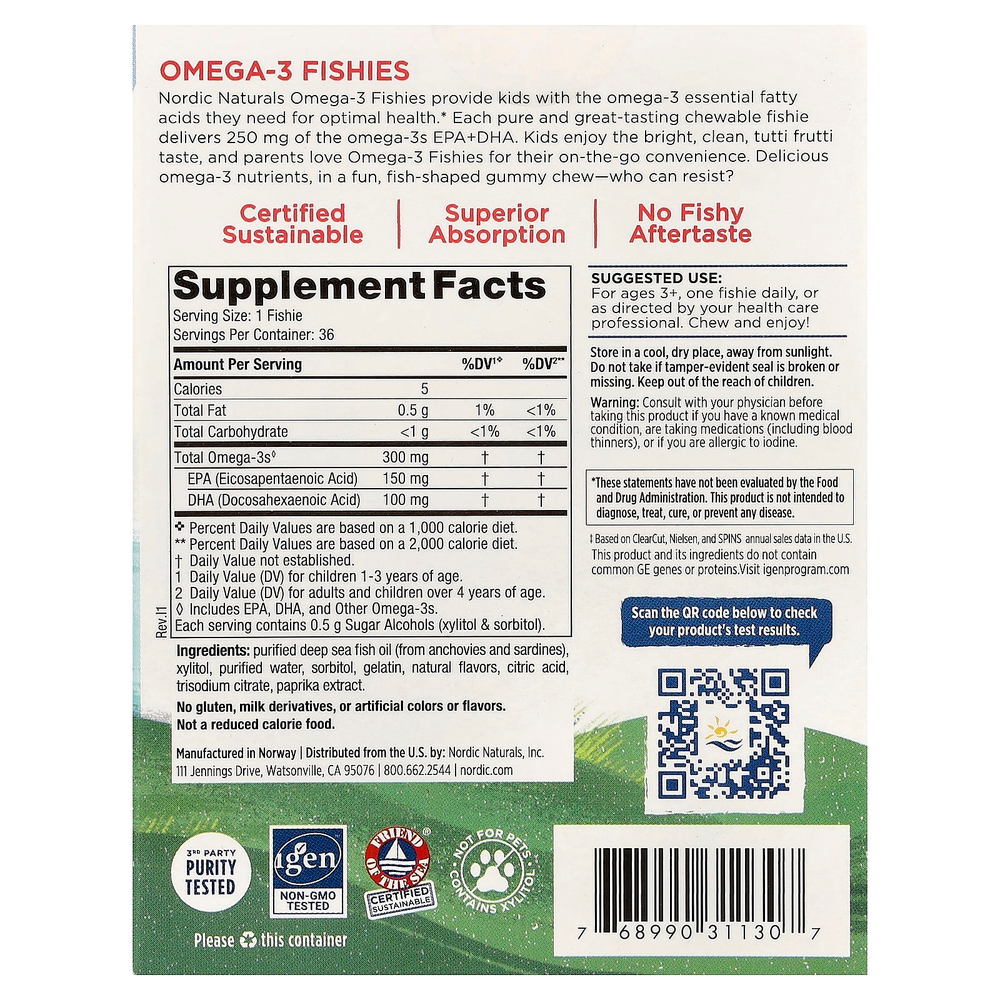 Nordic Naturals, рыбки с омега-3, без сахара, для детей от 3 лет, тутти фрутти, 300 мг, 36 рыбок
