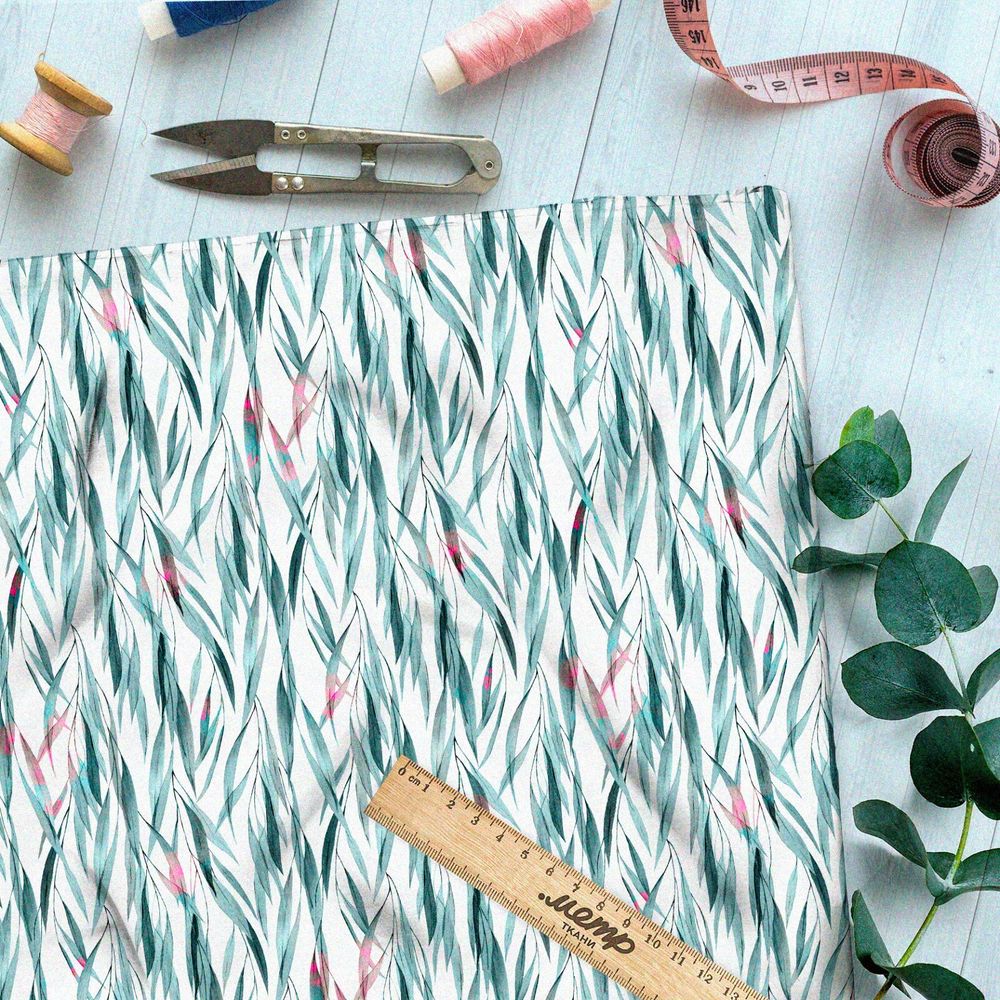 Ткань шелк Армани плотные синеватые листья ивы на белом фоне