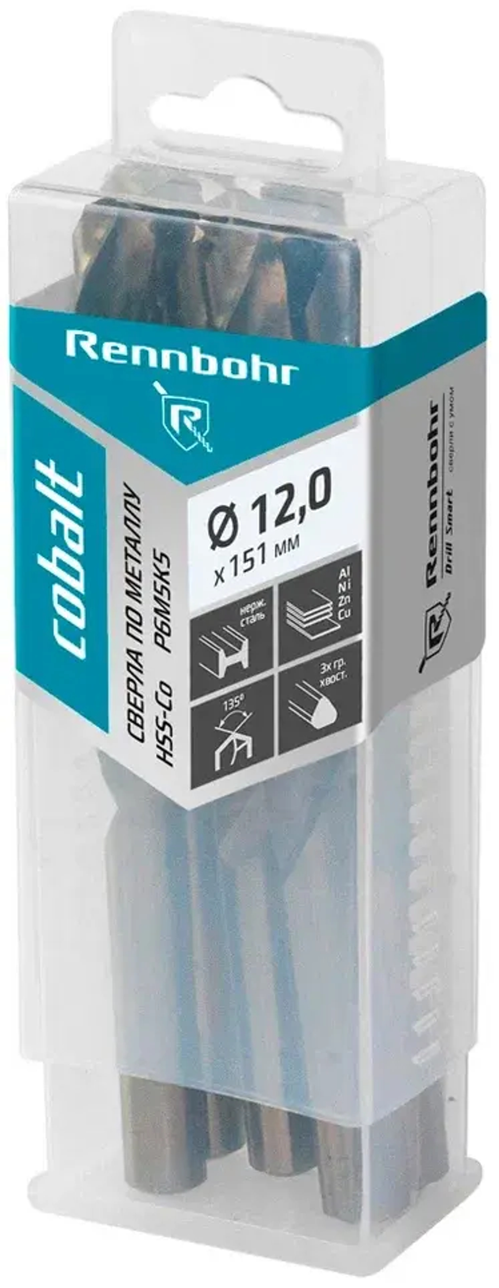 Сверло по металлу, 3х гр. хвост, 12,0х151мм, HSS-Co, Р6М5К5, 5шт/уп RENNBOHR COBALT PROM