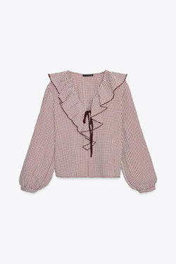 ZARA БЛУЗА В КЛЕТКУ ВИШИ С ВОЛАНАМИ, БОРДОВЫЙ/ЭКРЮ