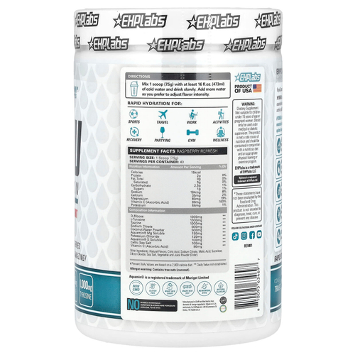 EHPlabs, Hydreau Sports Hydration, малиновое освежение, 300 г (10,58 унции)