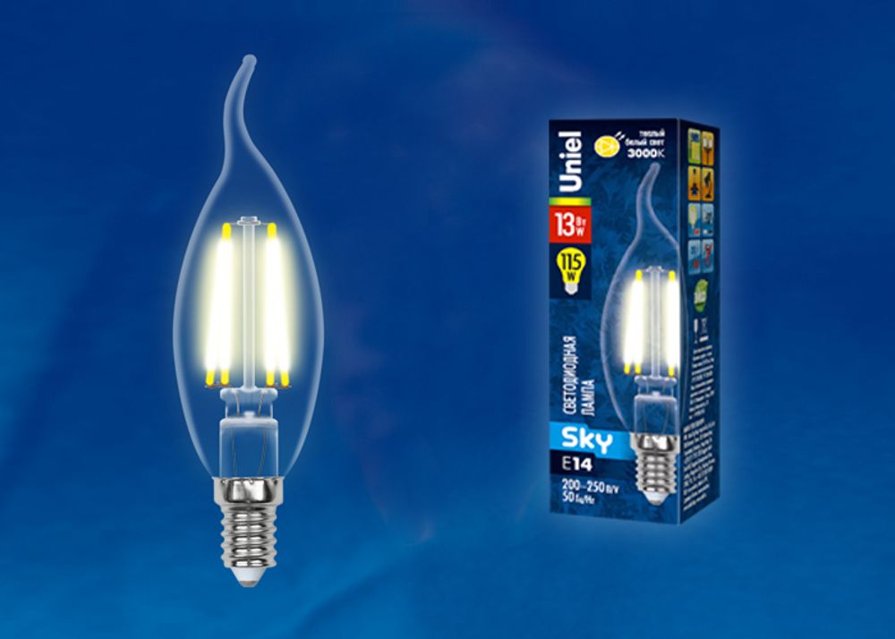 LED-CW35-13W/3000K/E14/CL PLS02WH Лампа светодиодная. Форма свеча на ветру, прозрачная. Серия Sky. Теплый белый свет (3000К). Картон. ТМ Uniel.