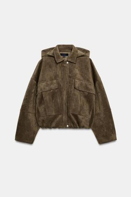 ZARA БОМБЕР ОВЕРСАЙЗ ИЗ ИСКУССТВЕННОЙ ЗАМШИ С КАПЮШОНОМ, ХАКИ