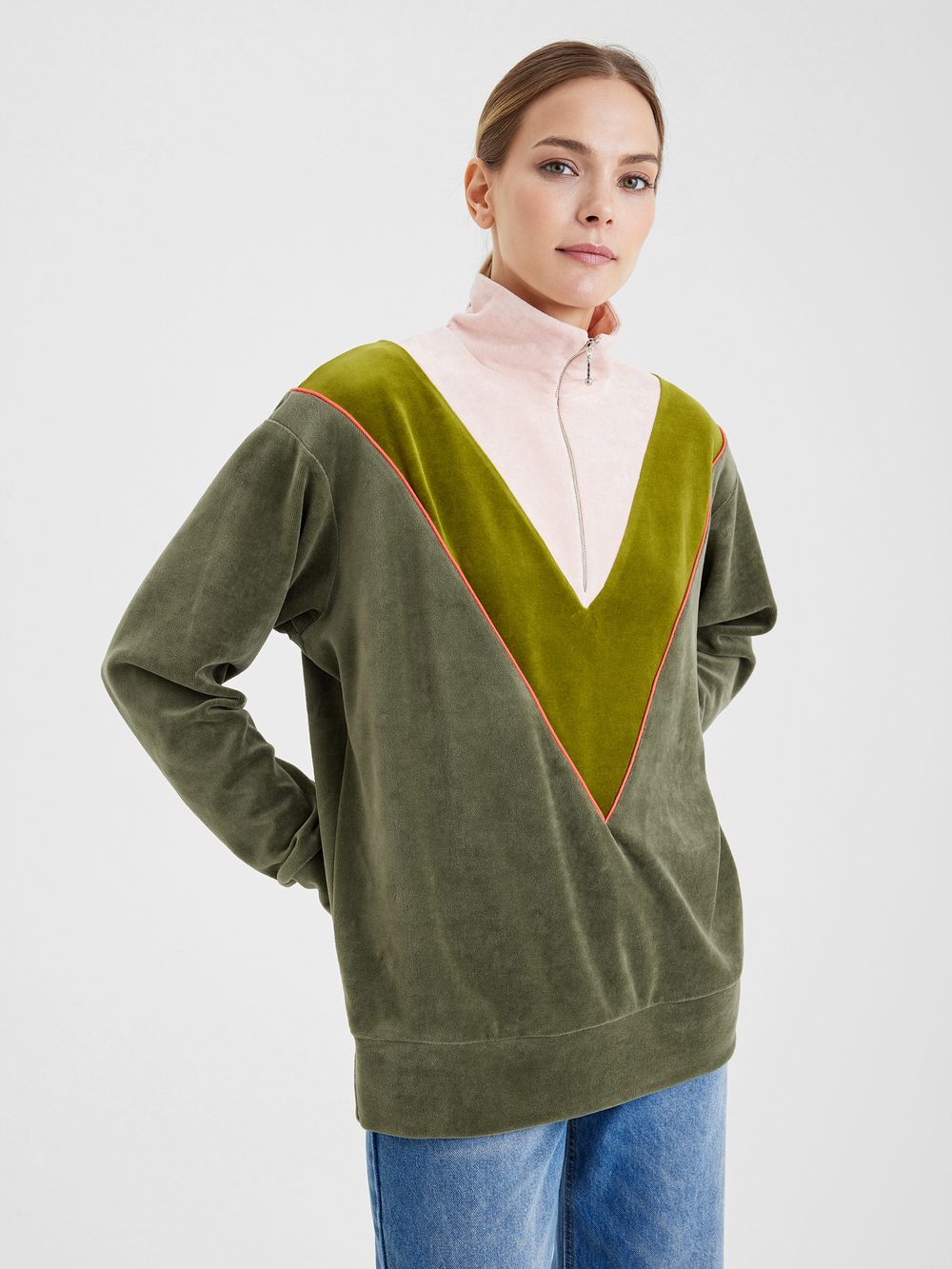 Толстовка на молнии мох/пудра