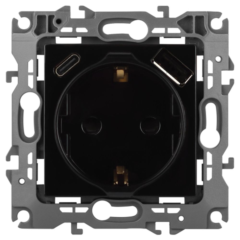 Розетка ЭРА Серия 12 12-4108-06 2P+E 16A-250В со шторками с USB type-A+C 5В-3А чёрный | Эра 12