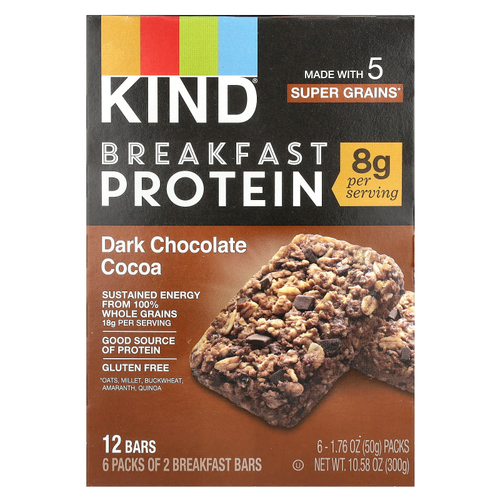 KIND Bars, Протеиновые батончики для завтрака, темный шоколад и какао, 6 пакетиков по 50 г (1,76 унции)