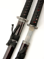 Набор самурайских мечей (катана и вакизаси) на подставке, ножны бордово-черный мрамор, цуба серебро