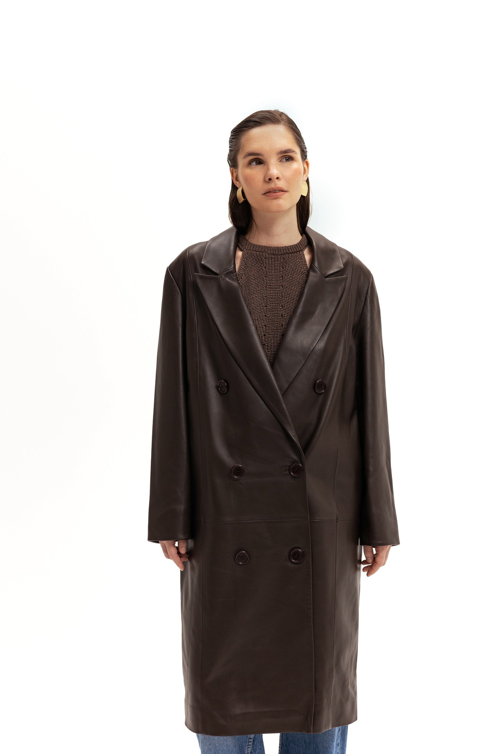 Коричневый кожаный тренч