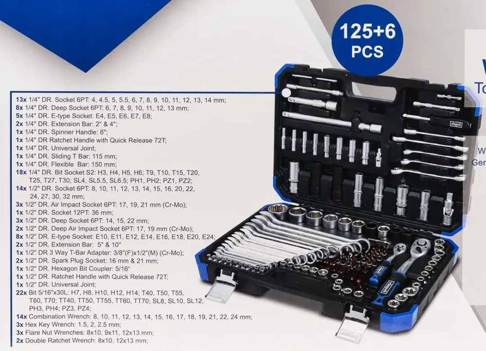 Набор инструментов 125+6пр.1/4''1/2''(6-гран.)(4-36мм,36-12гр.)+(ключи трещоточные:8х10,12х13мм, ключи резрезные:8х10,9х11,12х13мм) Scheppach Sch-41252-5 (Premium)