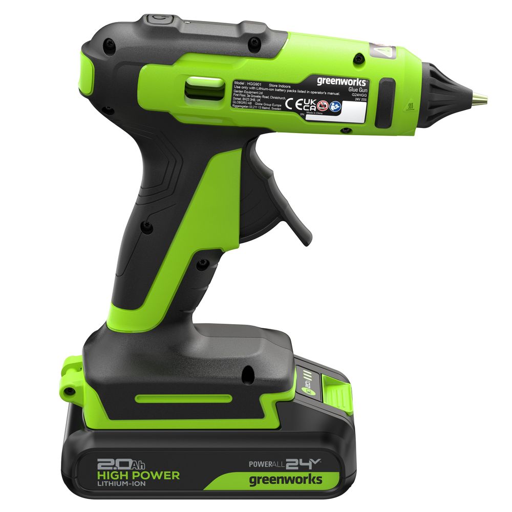 Пистолет клеевой акк. Greenworks G24GLG, 24V, 150°С, нагрев 90 сек, стержни 11 мм, антикапля,1х2Ач,ЗУ,кор (3502207CUA)