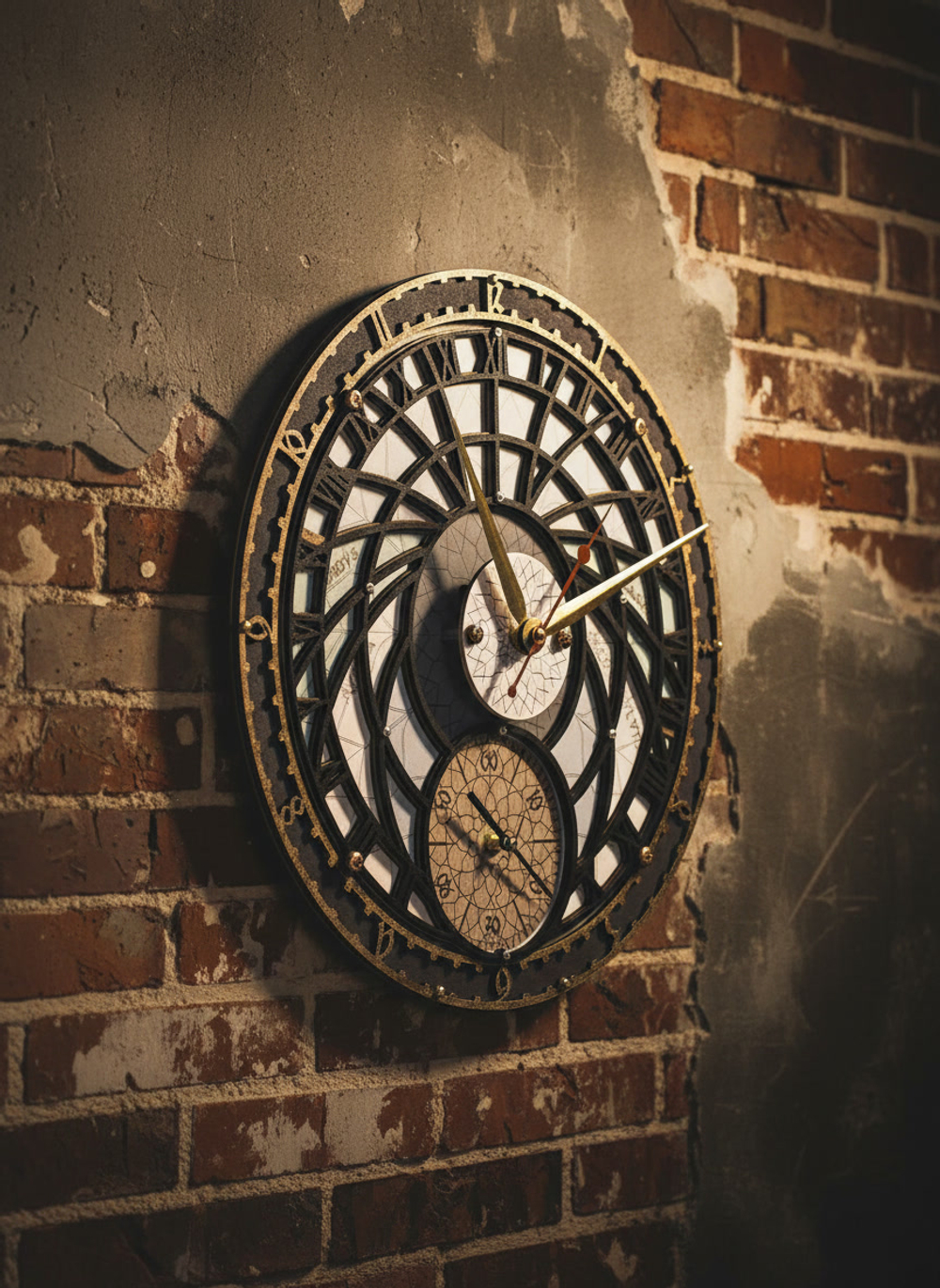 Деревянные часы WOODandROOT «Башня Волшебника» с двойным циферблатом, закреплённые на кирпичной стене с участком штукатурки в тёплом освещении.