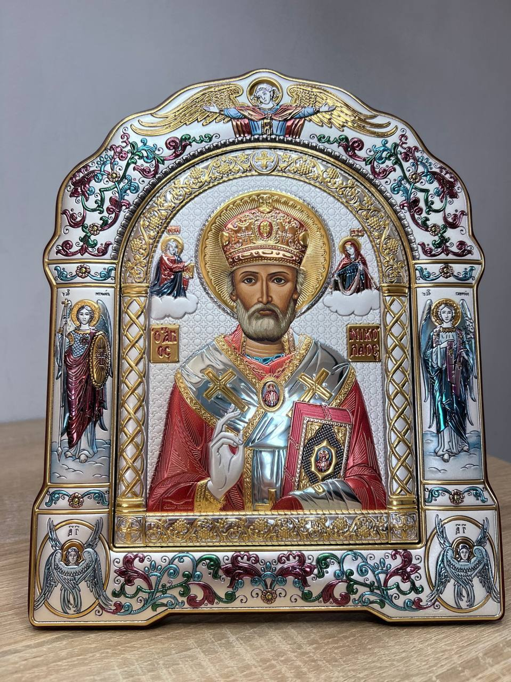 Николай Чудотворец, икона арочная с рамкой, красное дерево, эмаль 206х270