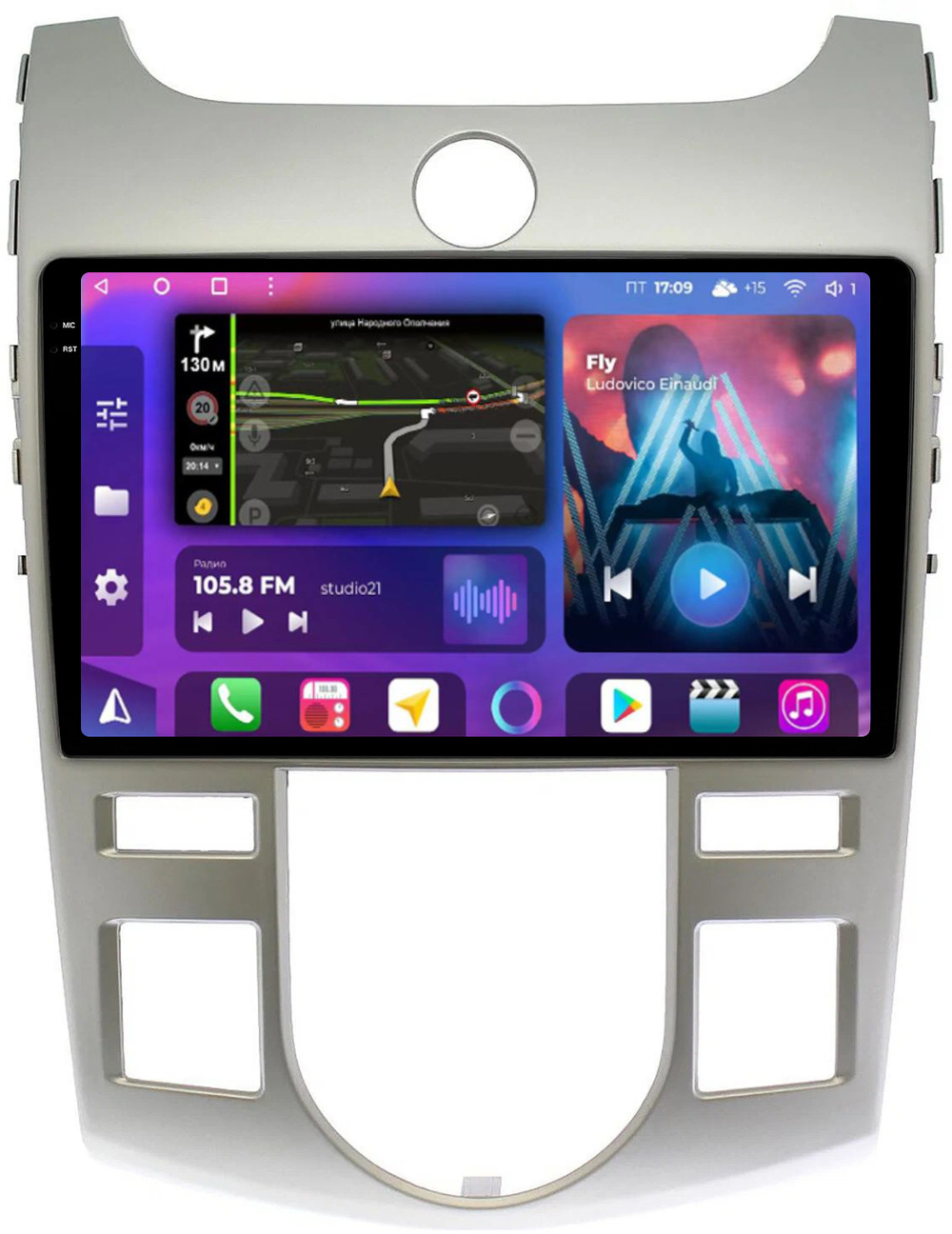 Магнитола для KIA Cerato 2 2008-2013 (климат, рамка серебро) - FarCar BM038M-2K монитор 9.5" 2K QLED на Android 14, TS10, 4+32Гб, CarPlay, 4G SIM-слот