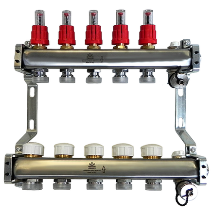 Коллекторный блок для тепл.пола 1"x3/4"EU отв.-5, в комплекте: расходомеры, термостат. клапаны, сливн. краны, ручн.возд., кронштейны, заглушки