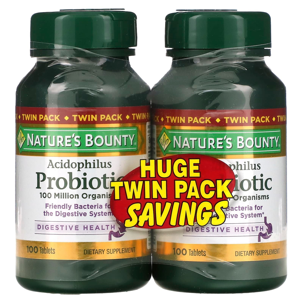 Nature's Bounty, Пробиотик ацидофилус, двойная упаковка, 100 таблеток (0,5 мг в 1 таблетке)