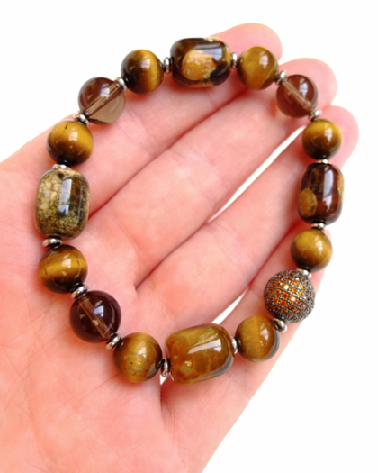 Браслет из тигрового глаза, раухтопаза и агата