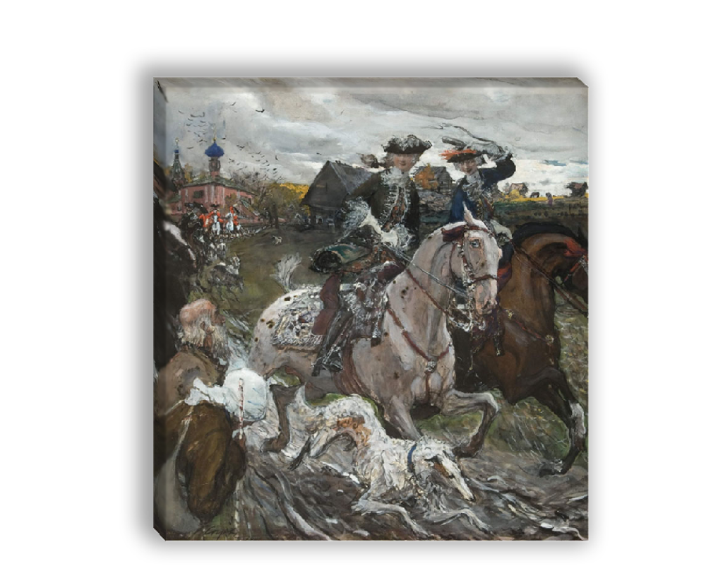 "Петр II и цесаревна Елизавета на псовой охоте", Серов В. А., картина для интерьера (репродукция)