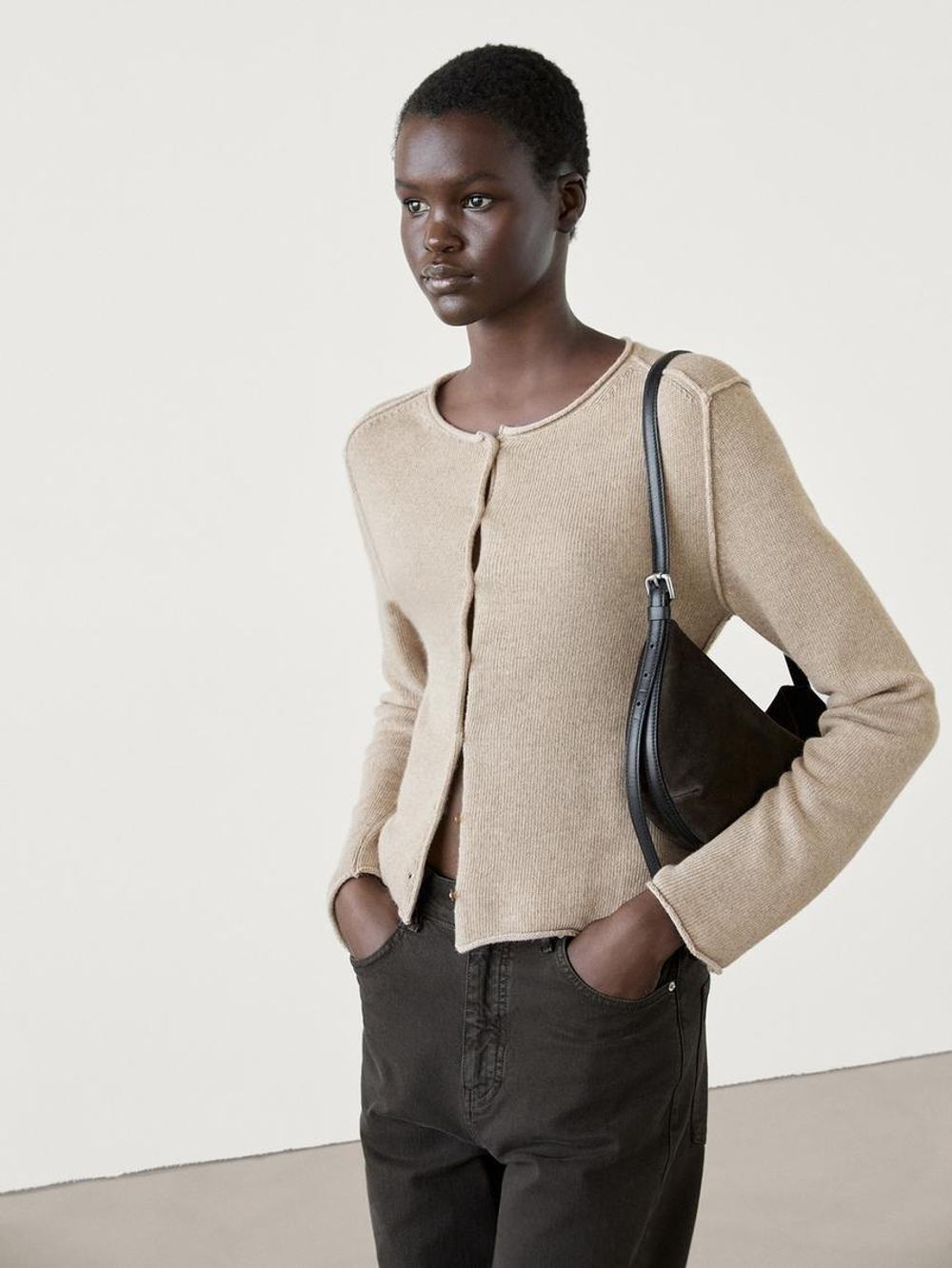 Massimo Dutti Кардиган с оверлоком, бежевый