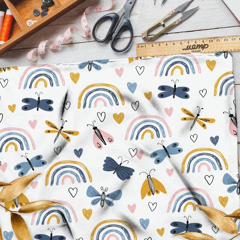 Ткань лен радуги и бабочки