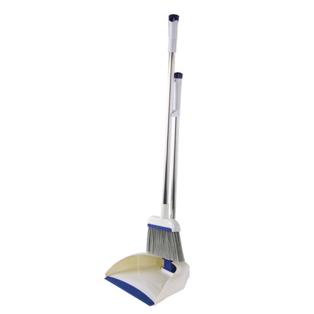 Совок для мусора КОМПЛЕКТ щетка + 2 рукоятки по 67 см металлические, резиновая кромка, сине-белый, LAIMA, 601473