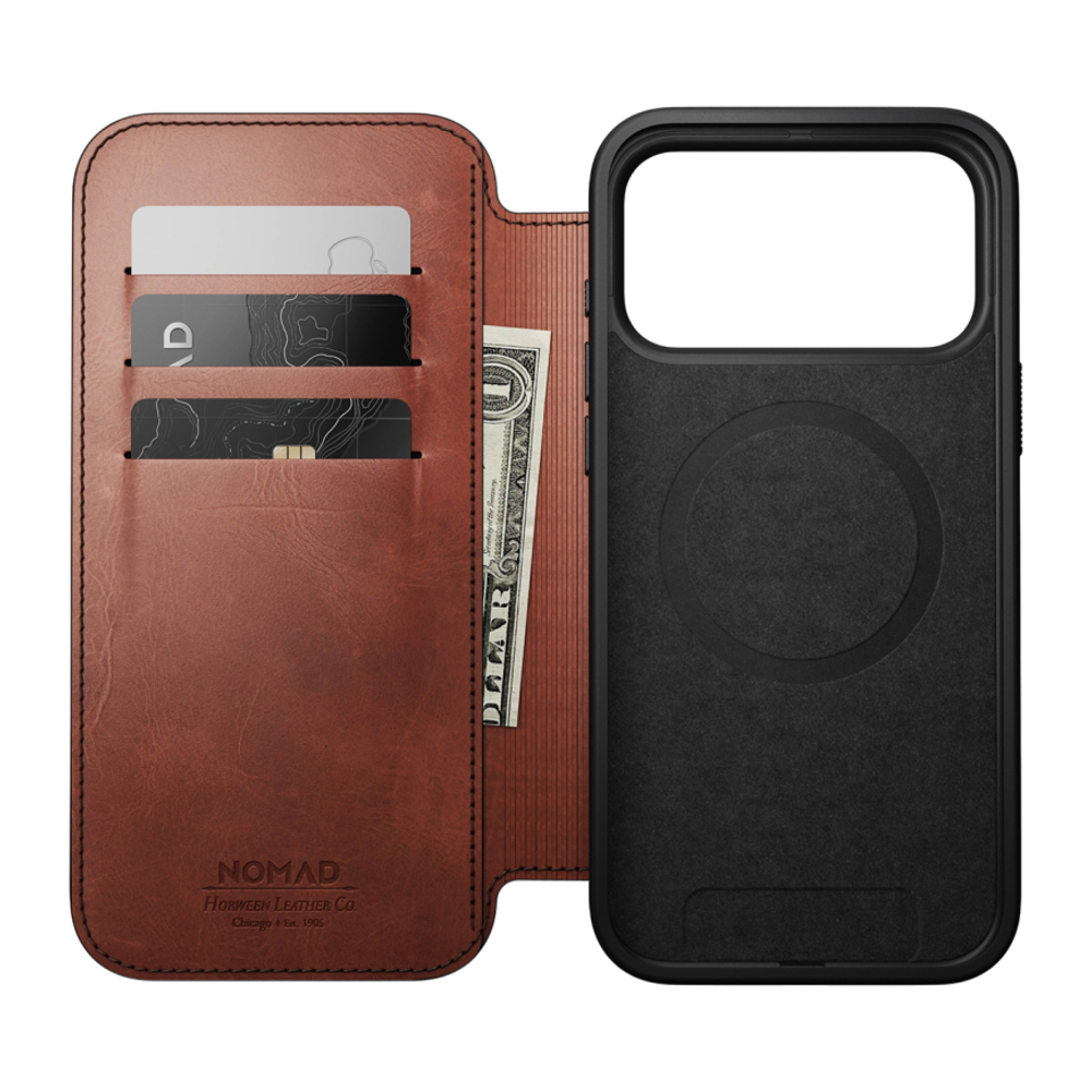 Кожаный чехол-книжка MagSafe Nomad Horween Modern Leather Folio Limited Edition для iPhone 17 Pro Max Гибридный укреплённый чехол из натуральной кожи Horween с сенсорной накладкой для Контроллера камеры. Есть отделение для купюр и встроенный картхолдер —