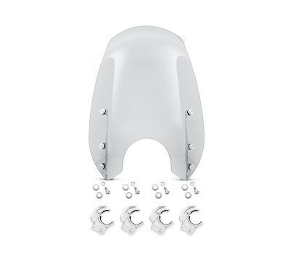 57400323 ВЕТРОВОЕ СТЕКЛО ДЛЯ МОТОЦИКЛА (ПОЛИКАРБОНАТ) , ПОСТАВЛЯЕТСЯ В КОМПЛЕКТЕ С 4 ВИНТОВЫМИ ХОМУТАМИ И КРЕПЕЖНЫМ КОПЛЕКТОМ