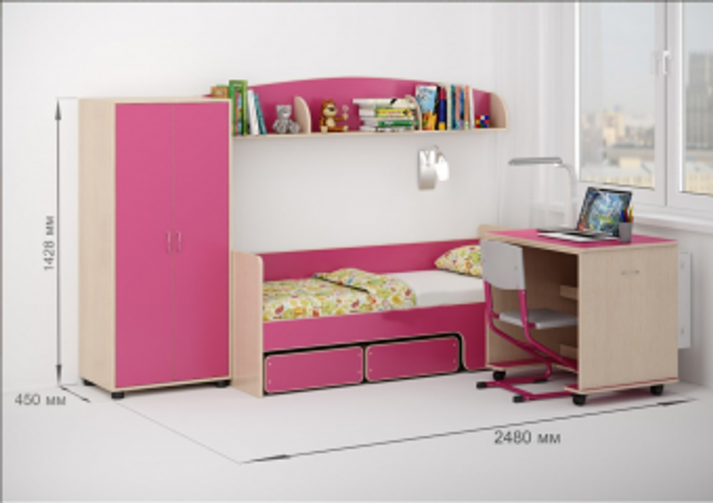 Детская стенка КарИВи Л-№26  Дуб Молочный Розовый