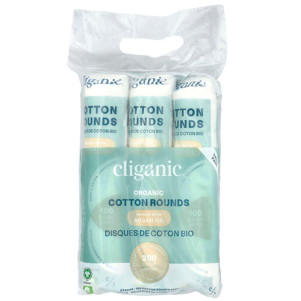 Cliganic, Круглые кружки из органического хлопка с аргановым маслом, 3 упаковки (100 шт.)