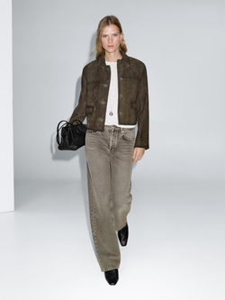 Massimo Dutti Короткая замшевая куртка на пуговицах, фисташковый