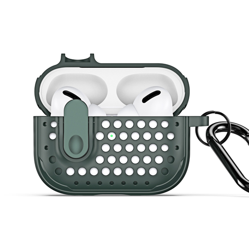 Усиленный чехол зеленого цвета от Dux Ducis для наушников Airpods Pro 2, серия PECM Series Case, в комплекте с карабином